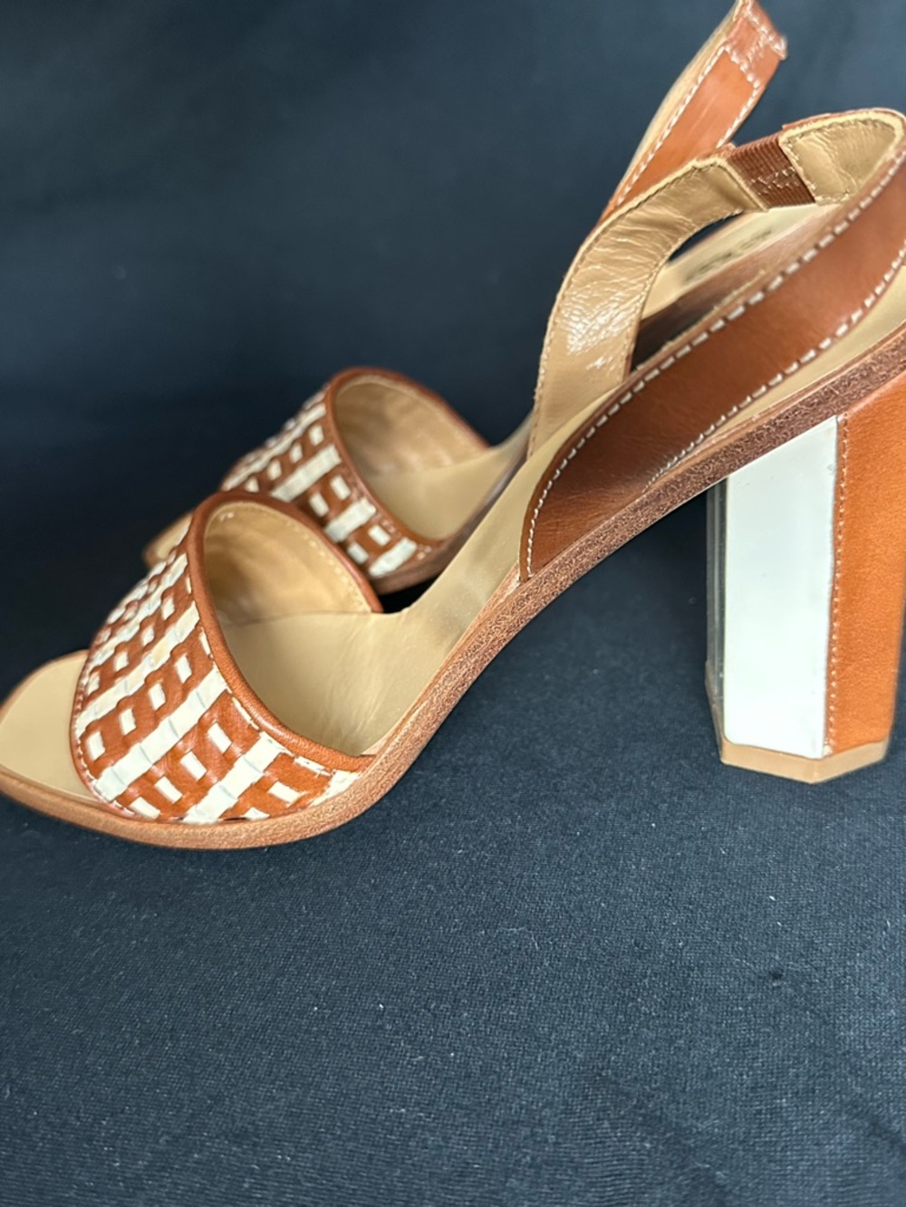 Made in Italy Brown & Cream Woven Slingback Block Heels strap and buckle sandals - Picture 5 of 16